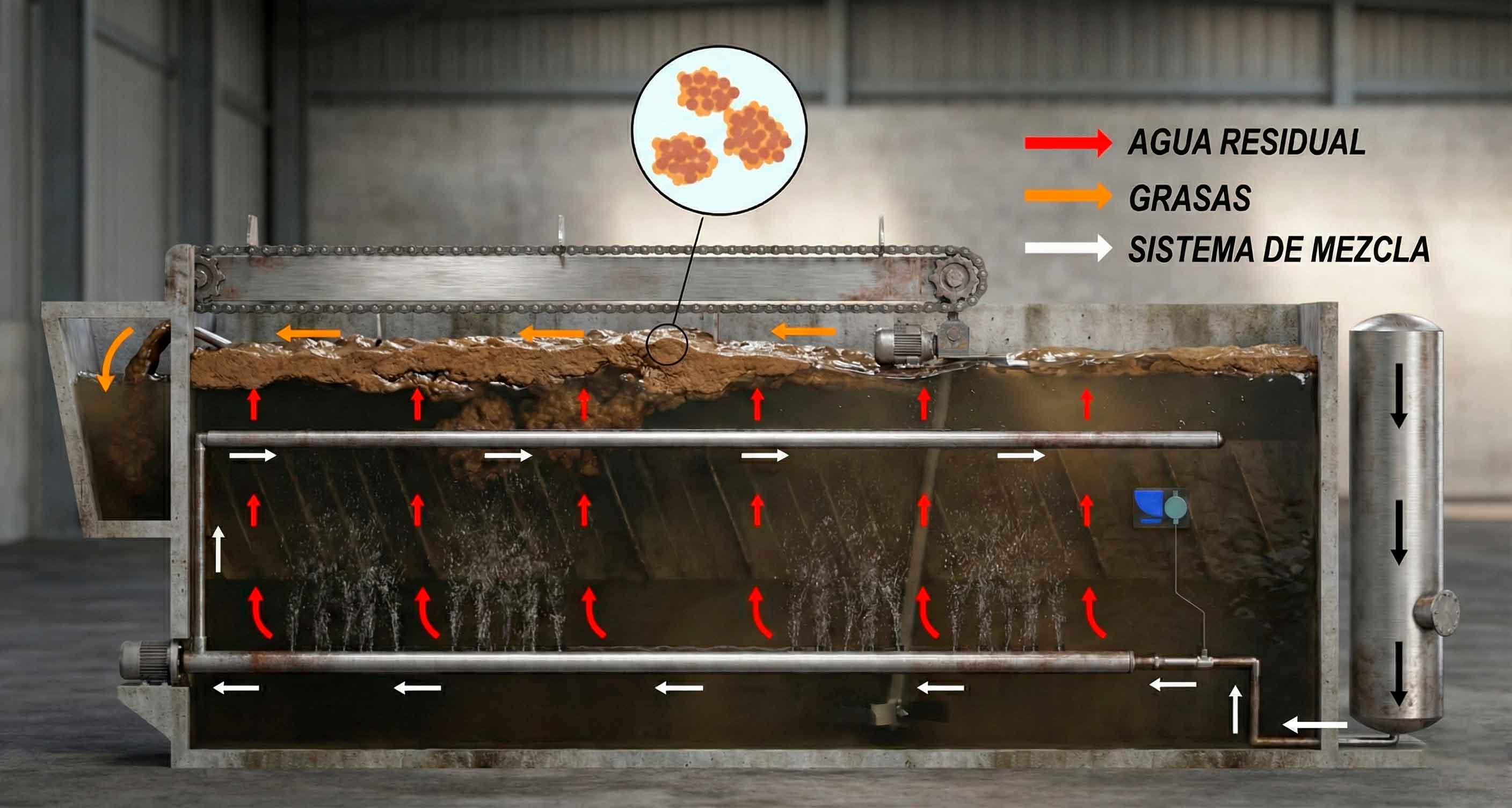 Diagrama de funcionamiento continuo con flujos de agua y grasas