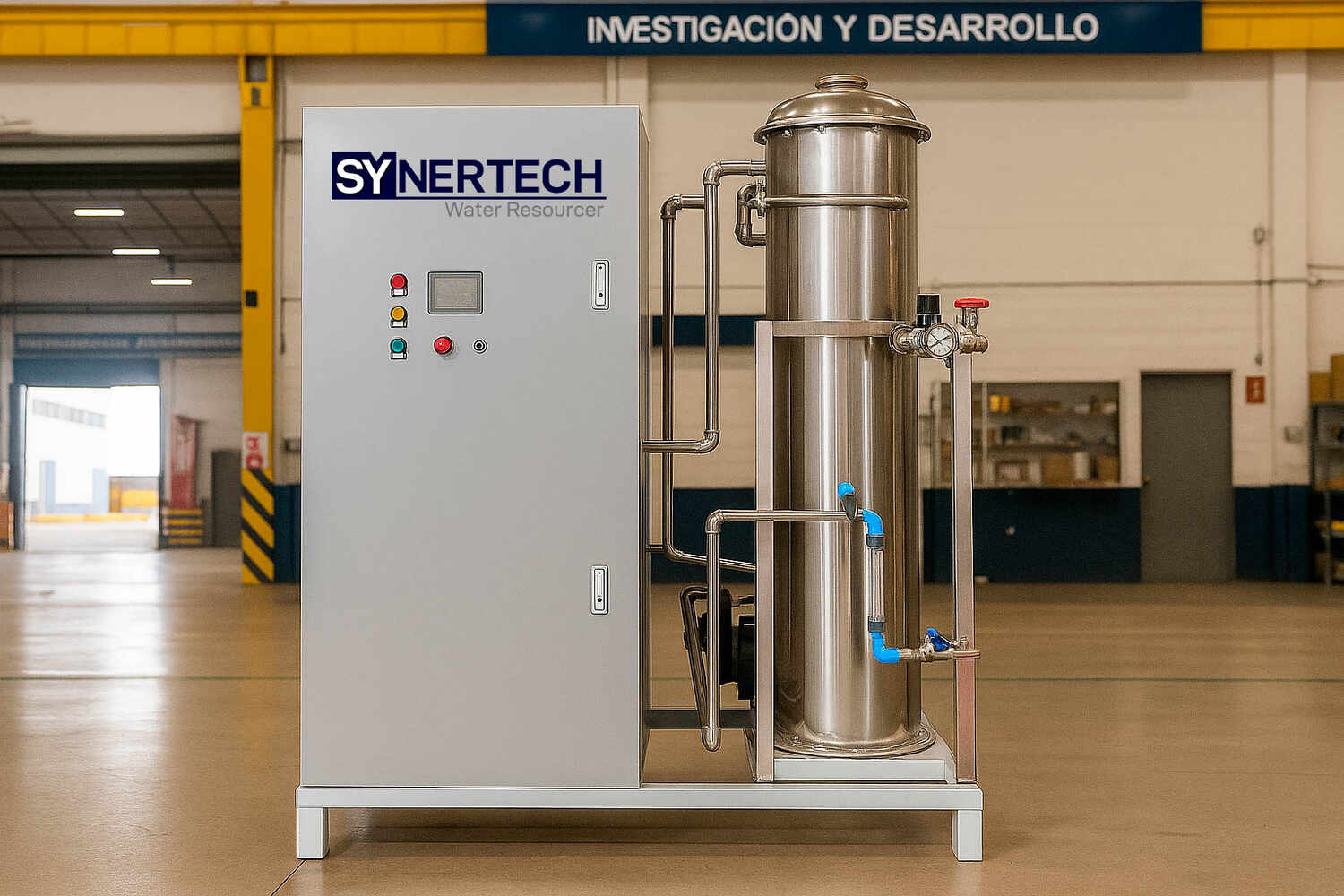 Técnico inspeccionando una planta de tratamiento de aguas residuales modular de color verde marca BIOMAX SYNERTECH, que incluye módulos de pretratamiento, decantación, DAF y oxidación avanzada. La planta está ubicada en un entorno industrial con techo alto y tuberías visibles. - ver más información