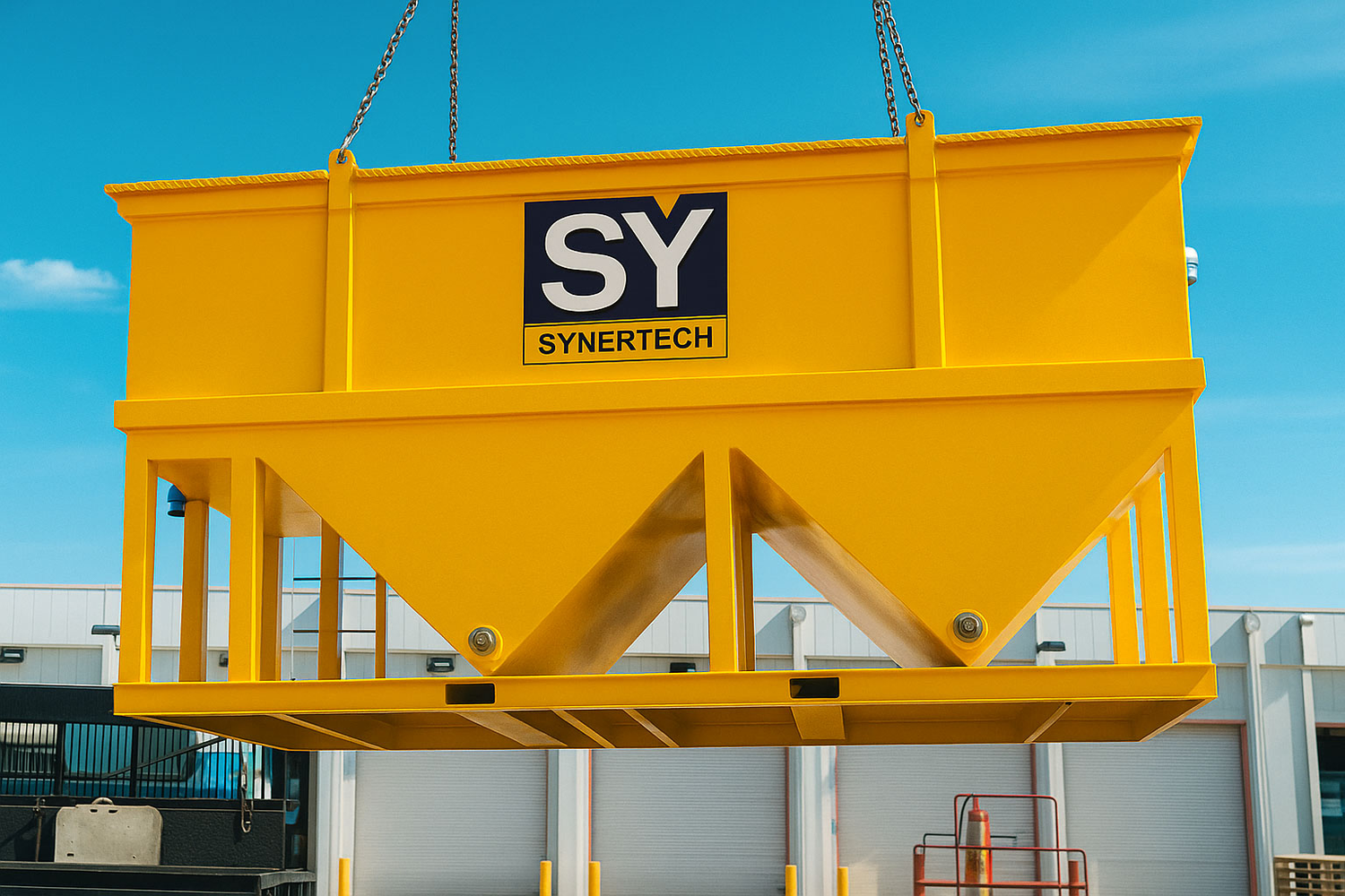 Camión rojo de plataforma larga transportando un gran decantador amarillo de la marca 'SYVERTECH' para el tratamiento de aguas residuales complejas, estacionado en una calle urbana con edificios y cielo despejado al fondo. - ver detalles